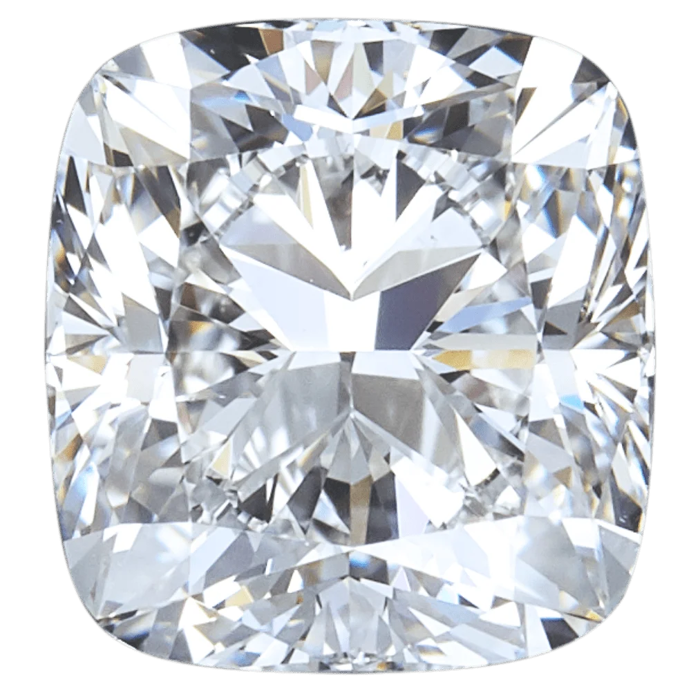 A vintage-style cushion diamond with a square or rectangular outline and rounded corners, often referred to as a pillow cut.