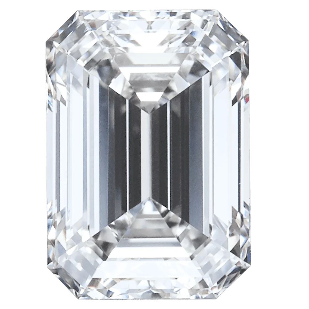 An elegant rectangular emerald diamond showcasing long, straight lines and a step-cut facet pattern that emphasizes clarity.