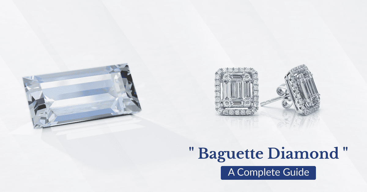 A blog banner explaining the sleek bar-shaped silhouette and clear symmetry of baguette diamonds.