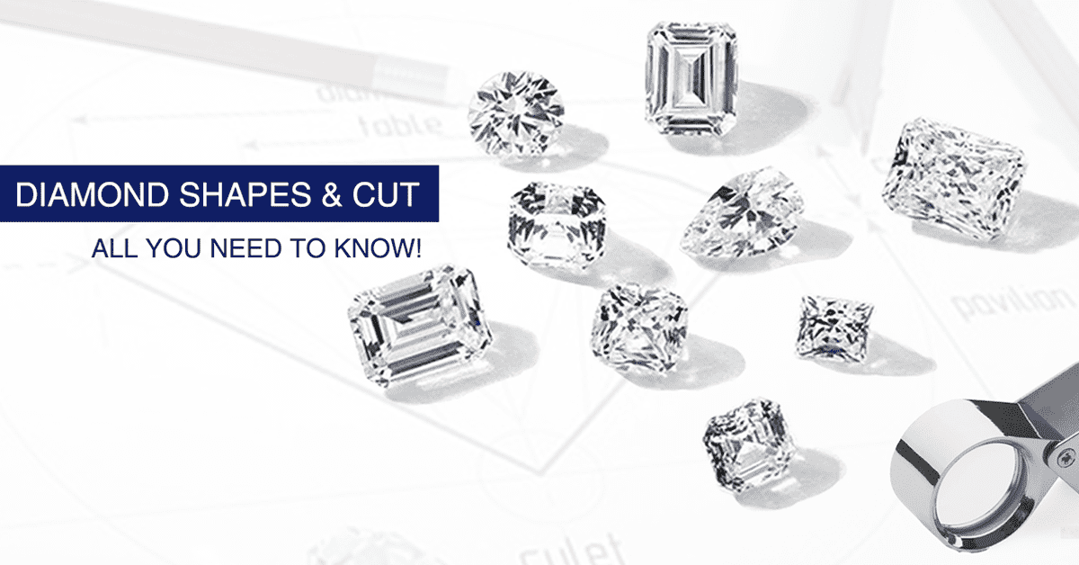 A blog banner displaying the full spectrum of technical diamond shapes and symmetrical cut variations.