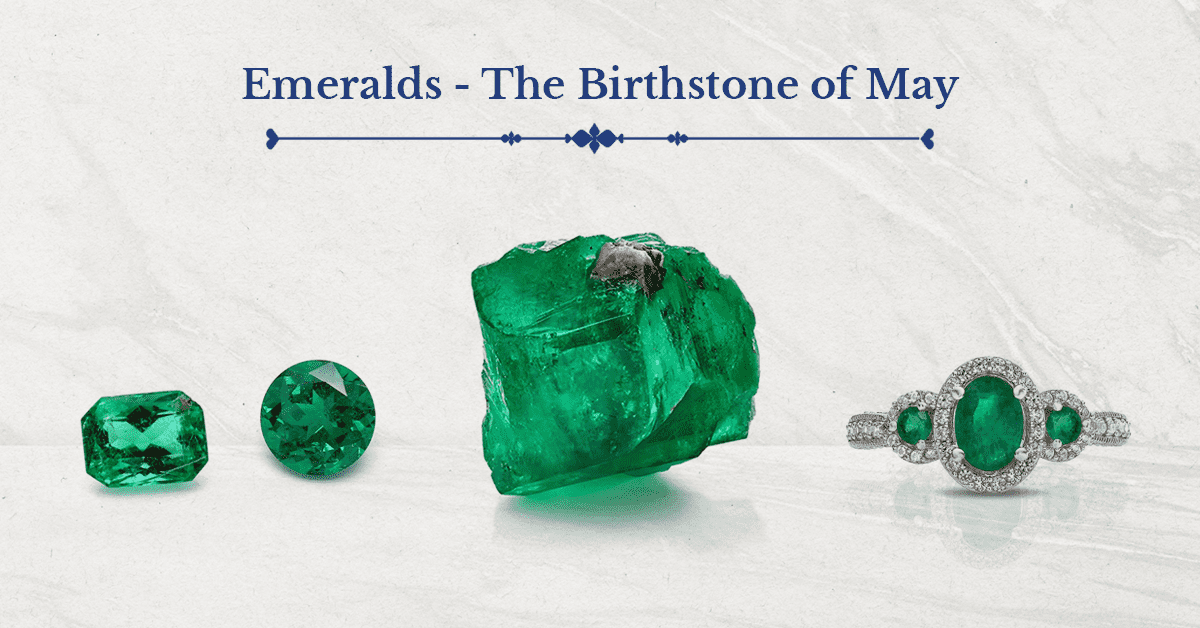 A blog banner exploring the lush green history and mystery behind May’s signature birthstone, the emerald.