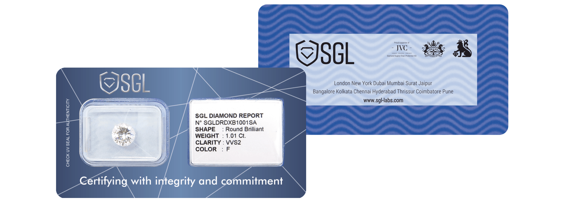 A tamper-proof SGL diamond seal ensuring transparency and a secure connection between the stone and its grading report.